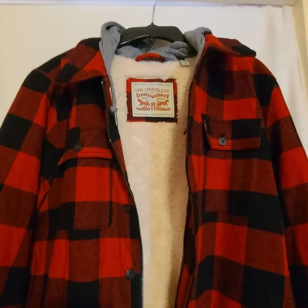 Levi's Mens Plaid Sherpa Lined Hooded‎ Shirt Jacket Small Red Buffalo